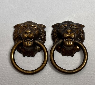 Vintage Pair of Brass Lion Head Ring Drawer Pulls Set of 2