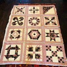 Unfinished Rose  Cream Quilt - 12 Quilted Squares with backing - 60 in x 80 in