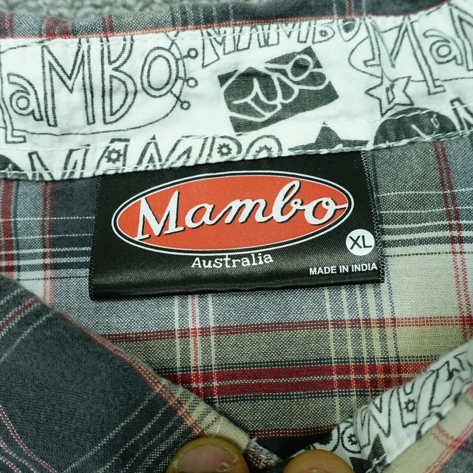 Mambo Australia Camisa Abotonada Hombre Talla XL Gris Rojo Cuadros Algodón Rollo Tab Foto 3 de 4