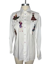 Mindy M White Fashion Lady Applique Blouse Small Embellished Shirt Made in USA