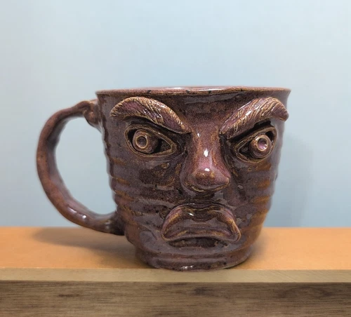 Ugly Face Pottery Coffee Mug Frowning with Attitude Hand Thrown Signed