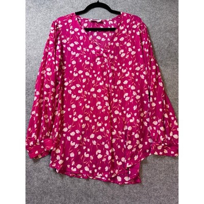 Lush Women s 2X Pink Floral Blouse V Neck Long Sleeve Boho Top