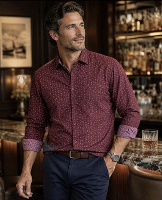 Marco Marine Mens M Burgundy Geometric Button Down Shirt Long Sleeve Casual