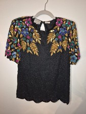 Vintage Stenay 100 Silk Sequined/Beaded Womens Top Blouse Size S Holiday Party