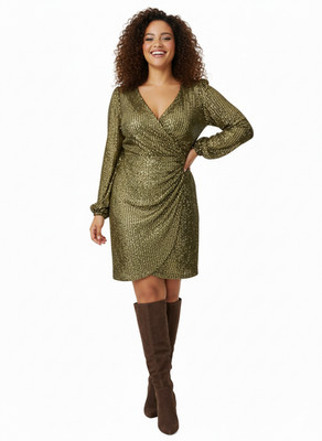 MONSOON Gold Pailletten Kleid UK 8 Ausschnitt V-Ausschnitt Langarm Party Mini Neu mit Etikett £140