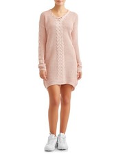 No Boundaries Juniors Size S V-Neck Lace-Up Cable Sweater Dress Rose --U8--