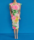 Vintage Look Dress For Barbie, Sheath With Gold Buttons, Bright Pink Flowers