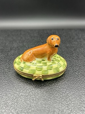 Vintage Artoria Limoges Peint Main Brown Dachshund Dog Trinket Box