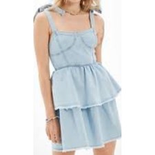 American Eagle Denim Mini Dress Sz Sm LtBlue Tiered Ruffle Bustier Boho Festival