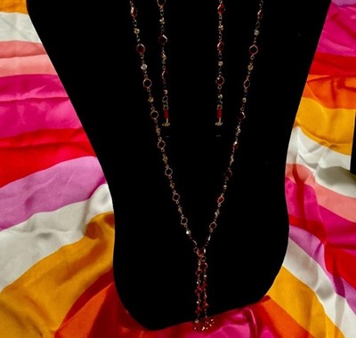 Jewelry Set Necklace Glass Beads Red Gold Round Handmade Style