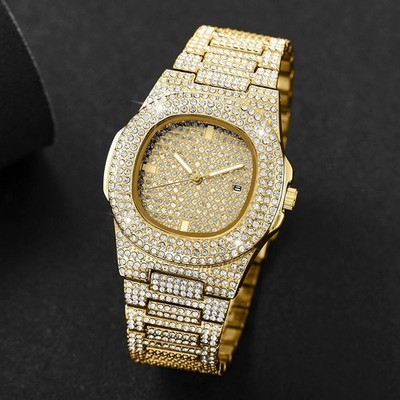 Luxury Full Diamond Men's Stainless Steel Watches Male Sports Quartz Wristwatch