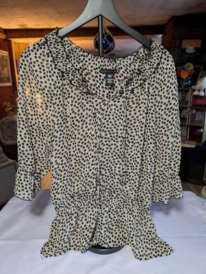 Apostrophe- Women's Sheer Blouse Beige with Black Polka Dots 3/4 Sleeves Small