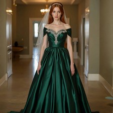 Emerald Green Wedding Dresses Satin A-Line Long Bridal Gown Crystals Beaded