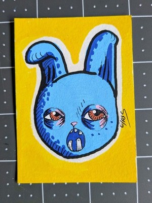 Aceo Original painting ugly monster rabbit bunny teeth 2.5''x X 3.5'' Erica Iris 