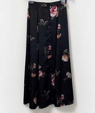 VTG Y2K Notation Black Satin Floral Print Button Down Skirt SzS Long Flowy