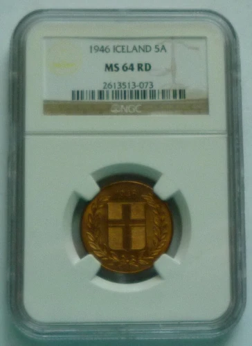 1946 ICELAND - 5 AURAR - MINT BU BRONZE - NGC MS-64 RD - RARE!