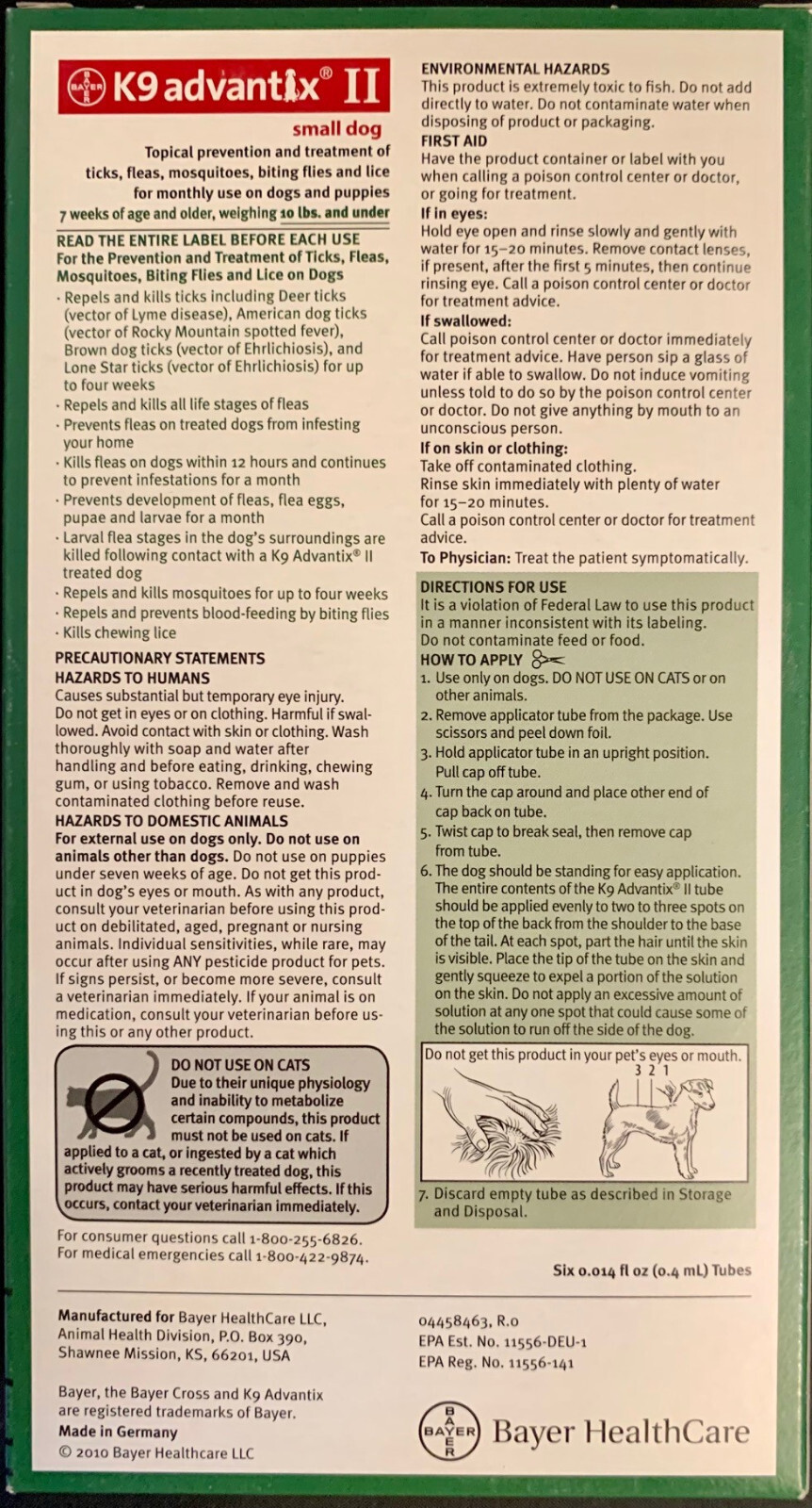 Bayer K9 Advantix II Small Dog 410 lbs Kills Fleas Ticks 6 Doses