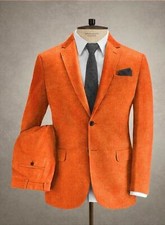 Men Corduroy Suit Orange Luxury Leisure Prom Party Groom Tuxedo Wedding Suit