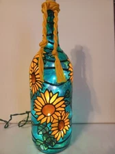Sunflowers Inspired Wine Bottle Lamp Hand Painted Lighted Stained Glass look