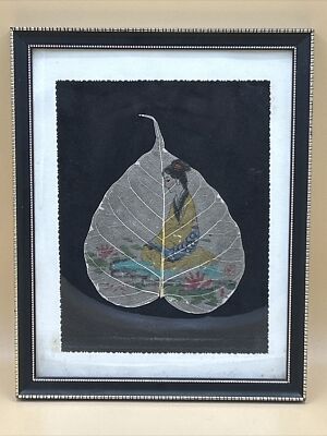 Vintage handbemalt japanisches Blatt gerahmt ''Feigenblattfamilie'' selten schön