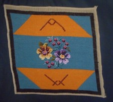 Vintage Completed Needlepoint Floral Gold Teal Green Needs Blocking 13.5x13 Nice