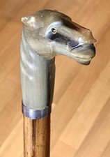 Vintage Antique 19C Walking Stick Cane Horn Handle Silver Mount Bamboo Old 34  L