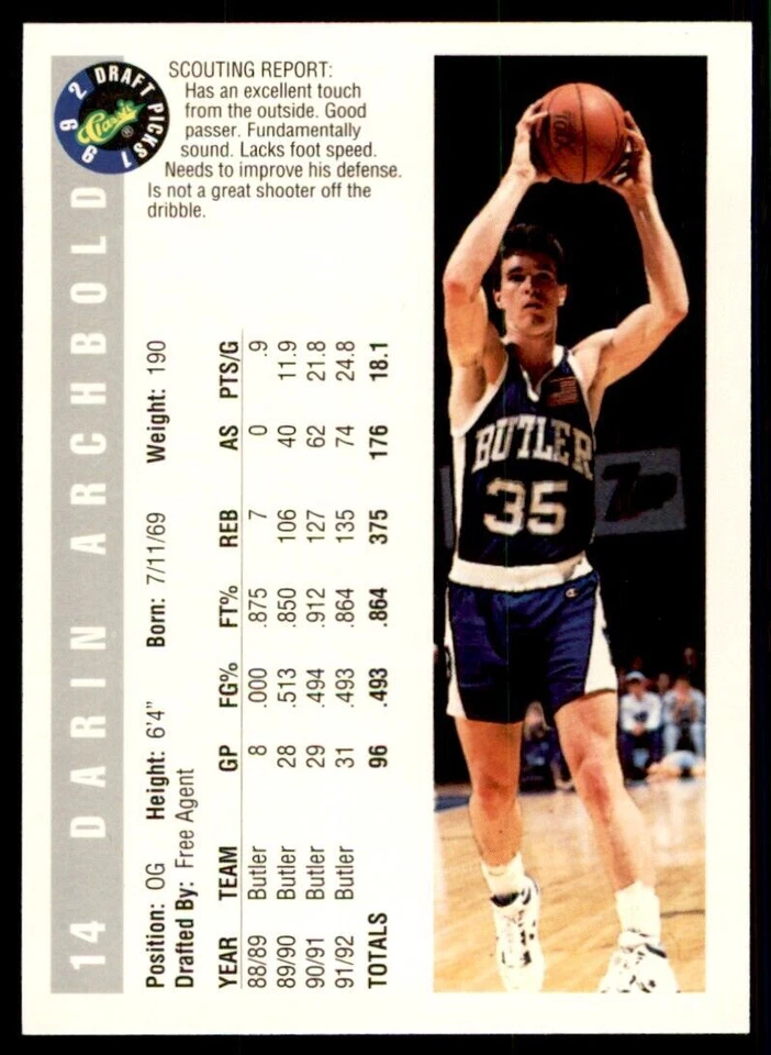 1992-93 Classic Draft Picks Darin Archbold . Butler Bulldogs #14 - Image 2 of 2