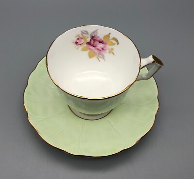 Vintage Aynsley Bone China Crocus Pink Rose Mint Green Exterior Cup & Saucer Set