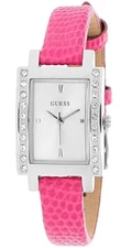 Guess rectangular square Pink Leather Strap Silver 25mm Women's Watch W0888L10