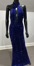 Blue sequin low cut halter fitted formal dress fishtail bottom XS 0 2