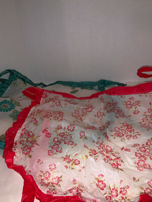 LOT OF 2 Vintage Ruffled Plastic Aprons Red & White w/ Red Ties & Green & White