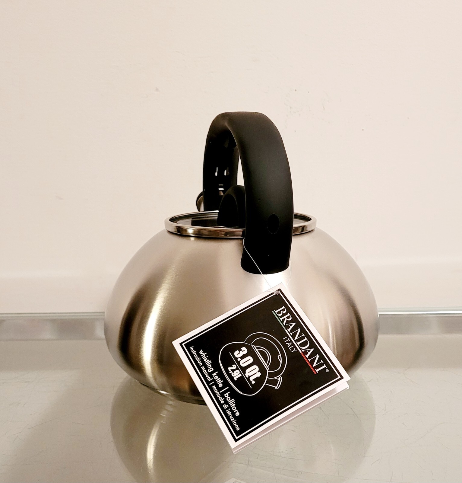 Brandani Italy Whistling Tea Kettle 3qt. Black Soft Touch Handle