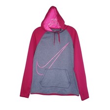 Nike Womens Med Dri-Fit Pullover Lightweight Hoodie Thumb Holes Logo Grey Pink