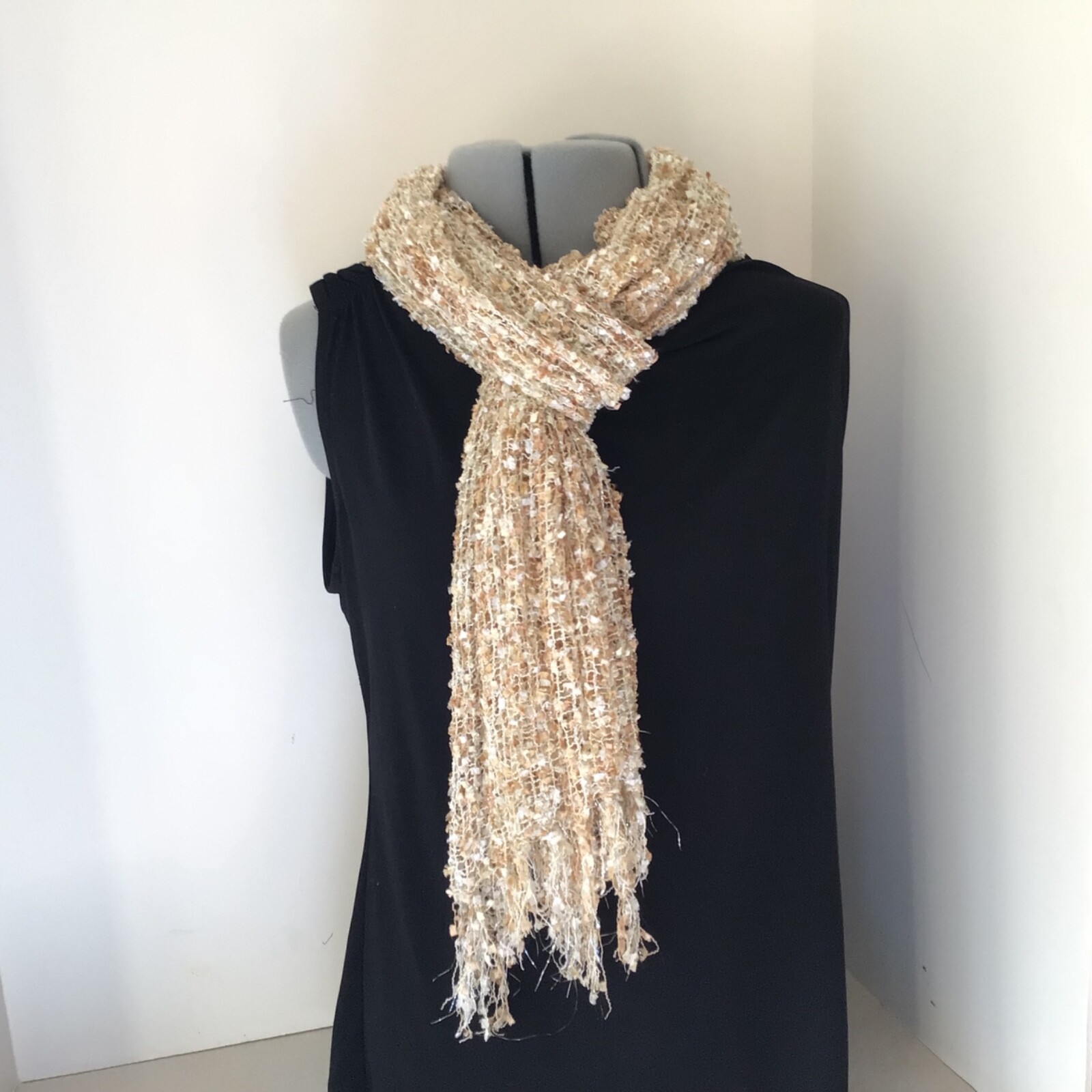 Women’s Tan, White, And Gold, Lightweight Woven Scarf Shawl With Fringe