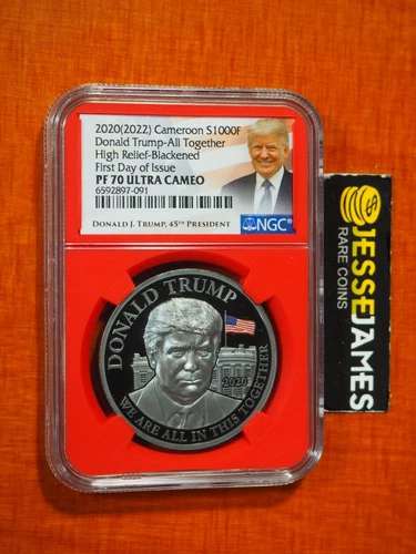 2020 (2022) CAMEROON PROOF BLACKENED SILVER DONALD TRUMP NGC PF70 FDI 1 OZ .999