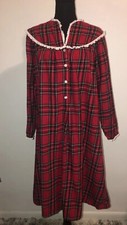 Vintage Lanz of Salzburg Flannel Red Plaid Lace Trim Granny Nightgown Size Small