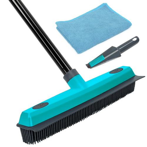 Pet Hair Removal Broom Carpet Rake Rubber Broom with Squeegee Rug Rake to Flu...