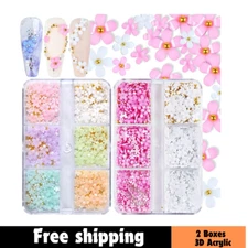 3D Flower Nail Charms – 2 Boxes Acrylic Nail Art Rhinestones in White & Pink