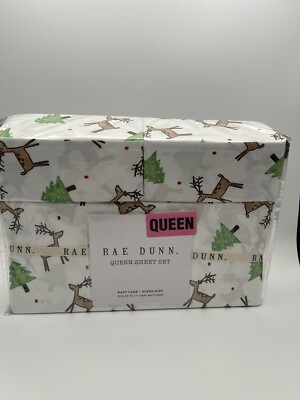 Rae Dunn Christmas Reindeer Queen Size 4 Piece Sheet Set NEW