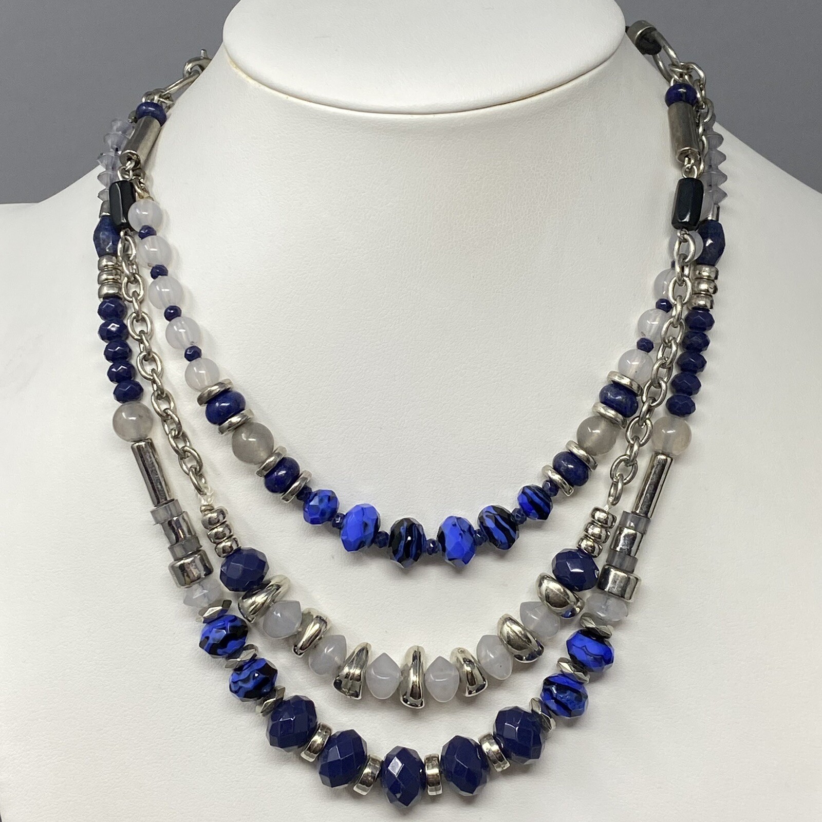 Statement Necklace Blue Cloudy White Gemstone Bea… - image 1