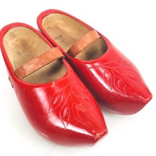 Vtg Pair Carved Wood Dutch Shoes Clogs Holland Size 24, Red with Leather Strap