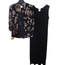 R M Richard 2-Piece Jacket  Maxi Dress Size 14 Stretch Black/Purple/Gold