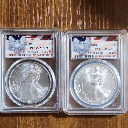 U.S. Mint 2004 & 2005 American Eagle Silver PCGS MS 69 1 oz .999 Coins lot of 2