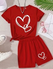 Red Heart Pajama Set 2 Piece Shorts T-Shirt Girls XXS XS Tween Lounge Set