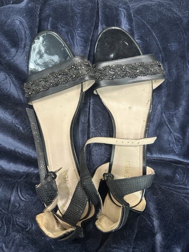 Nine West Black Beaded Strappy Stiletto Heels Women’s US 10 Ankle Strap Open Toe