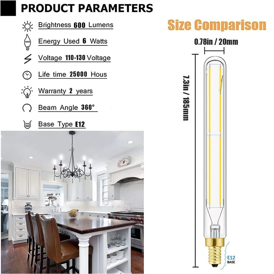 E12 Long Bulb, 6W T6 Edison Light Bulbs Cool White 5000K,7.3 inch,750lm, 75W ... - Image 2 of 4