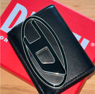 Diesel 1DR Tri-Fold Coin XS II Wallet Black Silver D Logo Leather New