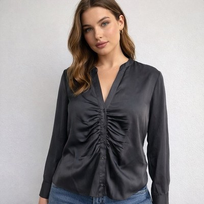 DR2 Daniel Rainn Blouse Gray Medium Rushed Long Sleeve Top V Neck NEW