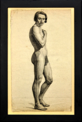 Schüler von Drölling französische akademische Lebensstudie eines männlichen Aktes 1840er Zeichnung