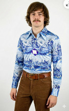 Oleg Cassini By Burma VTG 1970s Disco Nylon Shirt Pioneer Wagon Print NOS M L